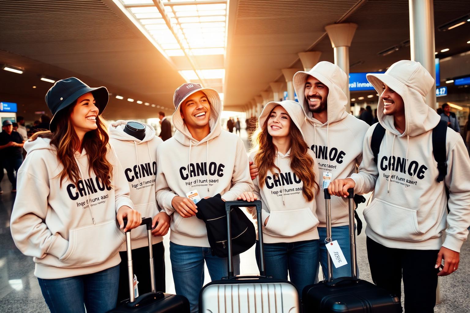 Friends at airport in matching custom Packd merch